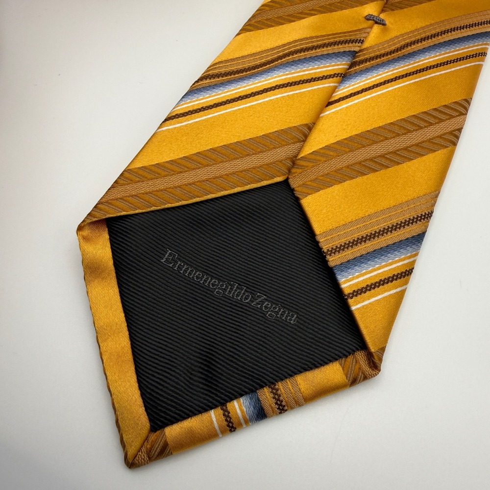 Ermenegildo Zegna Silk Tie Mens OS Gold Blue Brown Striped Italy Luxury Necktie
